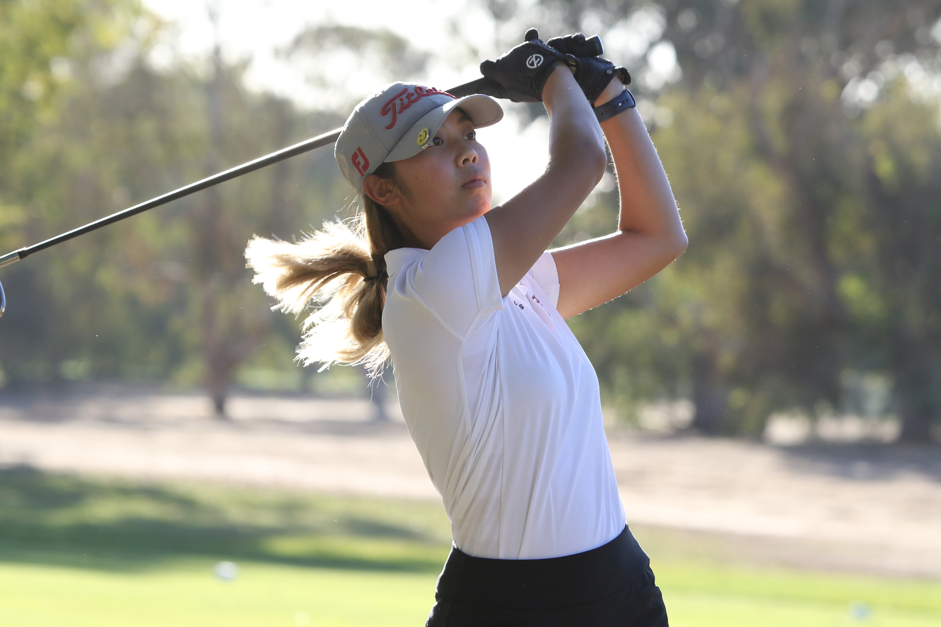 Justine Canio in action in October 13, 2021 nine-hole dual with Cosumnes Oaks. Canio carded a career-low 39 to lead the Troubies to victory. Photo by Mark Honbo.